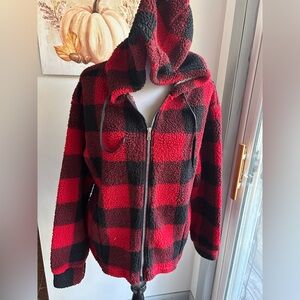 New York Laundry red and black Buffalo plaid full zip hoodie women Medium